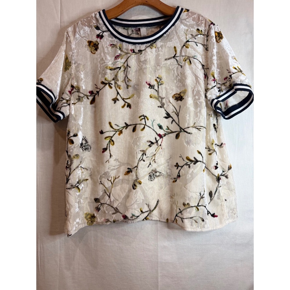 Velvet Burnout Floral Butterfly Top Cream Large Boho whimsical